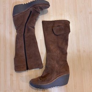 FLY LONDON Yulo Suede Leather Knee High Wedge Boots EU 38 US 7.5/8
